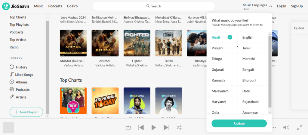 JioSaavn Different Languages